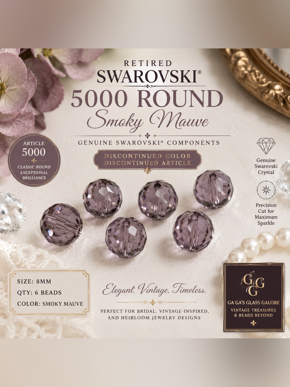 Retired Swarovski 5000 Round Crystal Beads 8mm Smoky Mauve – set of 6